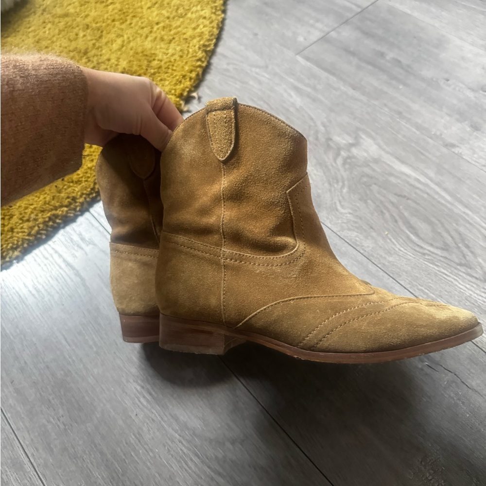 Sezane Tan Suede Western Ankle Boots